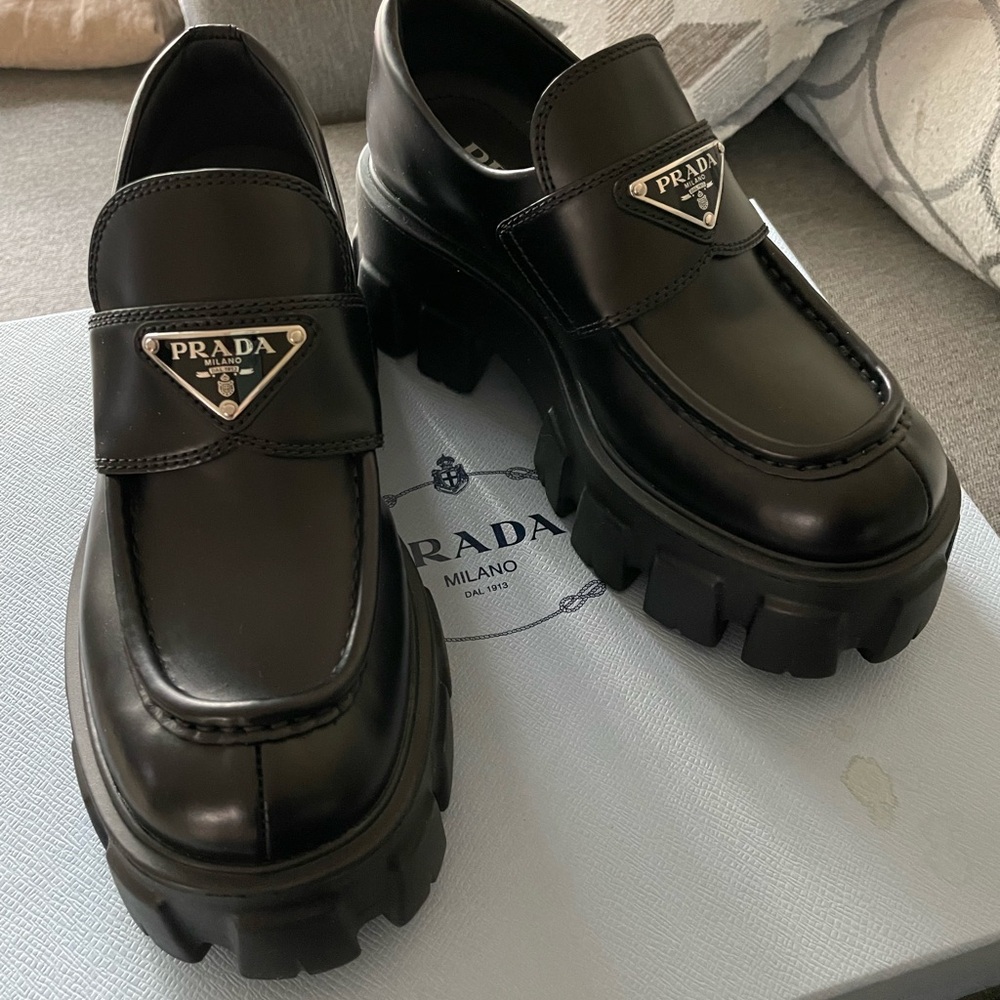 Prada Monolith Loafers Black Brushed Leather